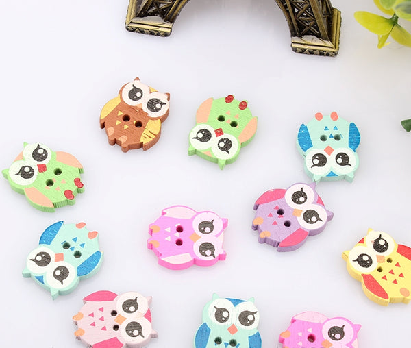 50Pcs Multicolor Wooden OWL Buttons