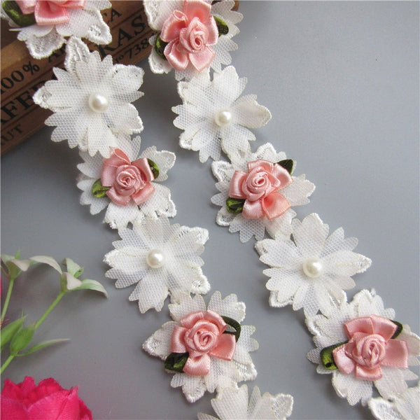 1 Yard White and Pink Pearl Rose Flower Embroidered Lace