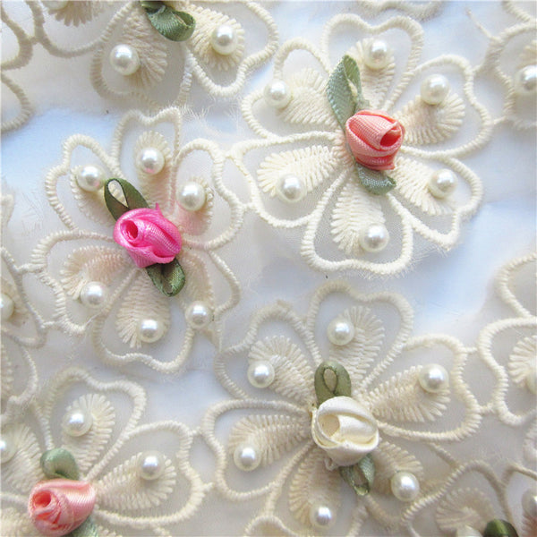 1 yard Vintage Cotton Pearl Colorful Flower Embroidered Lace