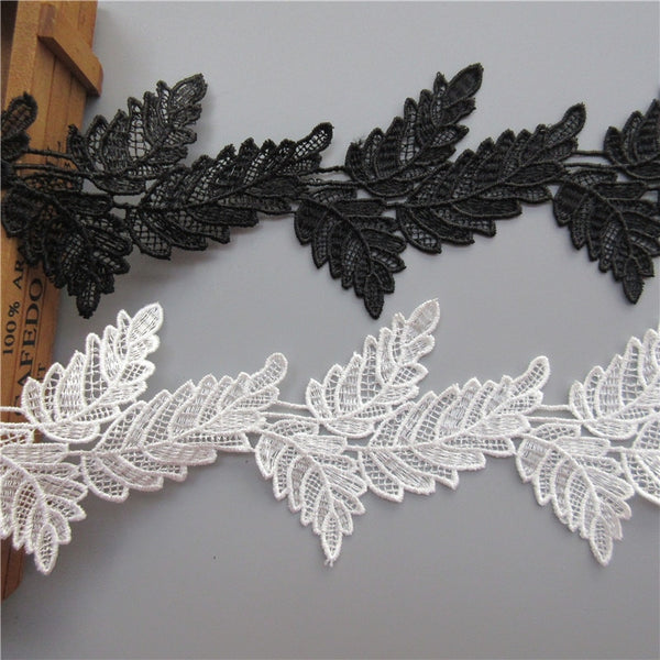 10x Soluble White Black Polyester Leaves Embroidered Lace