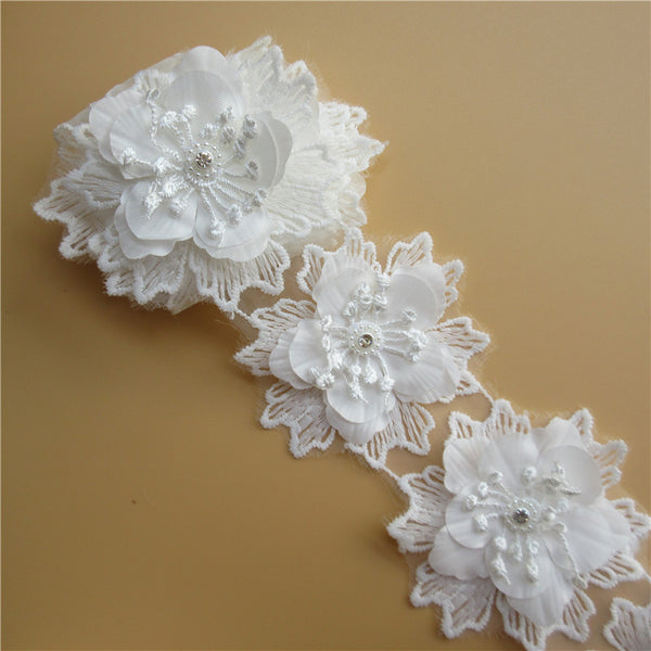 10x White Flower Crystal Multilaye Embroidered Fabric Lace