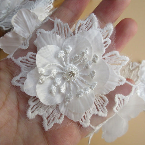 10x White Flower Crystal Multilaye Embroidered Fabric Lace
