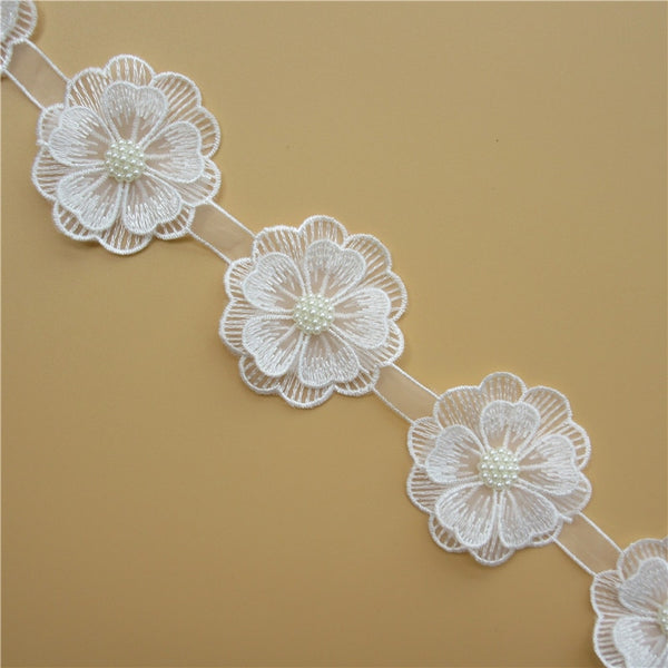 10x White Pearl Flower Handmade Beaded Embroidered Lace