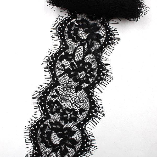 4" 3yards French Eyelash Lace Trims Embroidery Black Lace