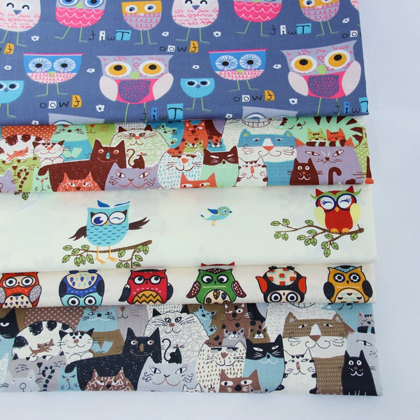Cotton Fabric (63"x20") OWL CAT Cartoon Series