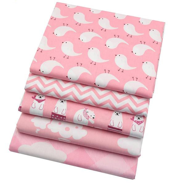 5 pcs Pink Color Cotton Fabric (16" x 20") Bear and Bird Collection