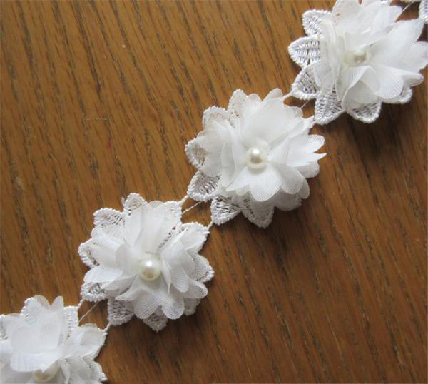 50x White Flower Chiffon Pearl Embroidered Lace Trim Ribbon