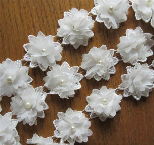 50x White Flower Chiffon Pearl Embroidered Lace Trim Ribbon