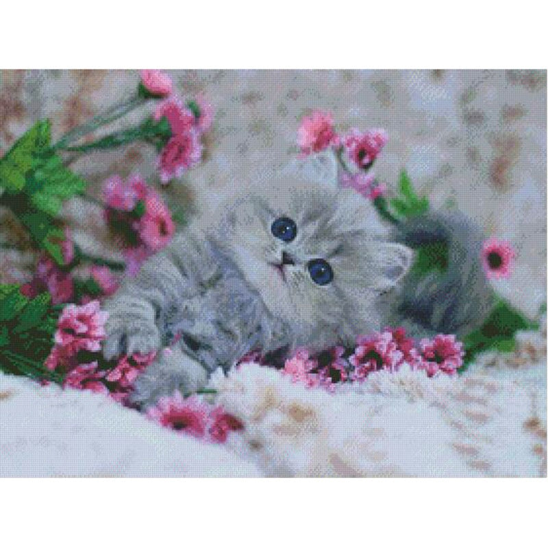 5D Diamond Painting "Cute Cat and Pink Flowers"