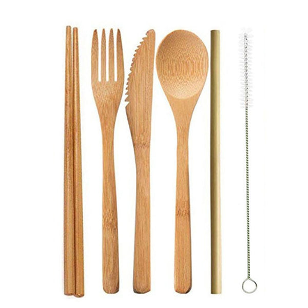 6pcs/set Reusable Portable Bamboo Cutlery Set Spoon Fork Chopstick