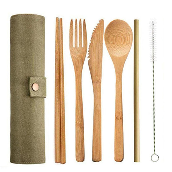 6pcs/set Reusable Portable Bamboo Cutlery Set Spoon Fork Chopstick