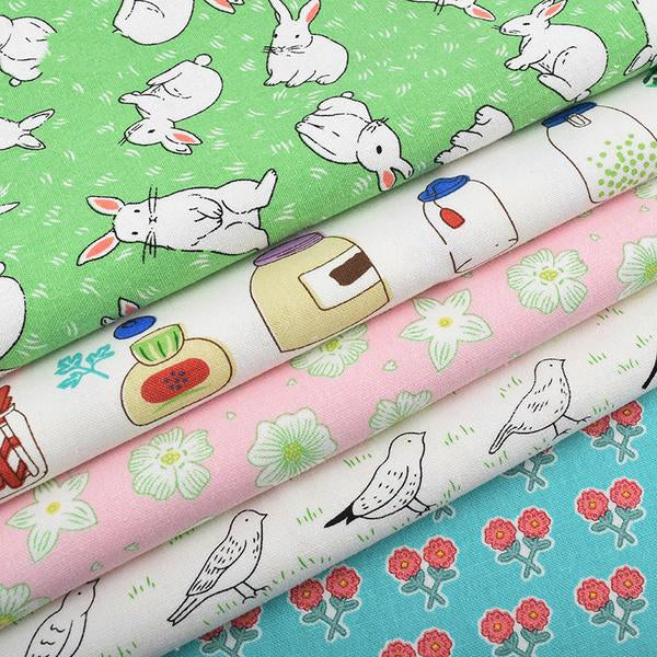 5 pcs Print Cotton Linen Fabric (10" x 18") Rabbit and Bird Collection