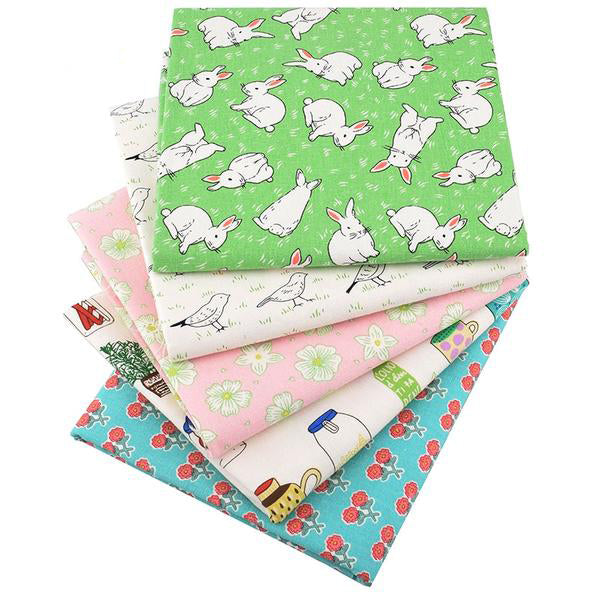 5 pcs Print Cotton Linen Fabric (10" x 18") Rabbit and Bird Collection