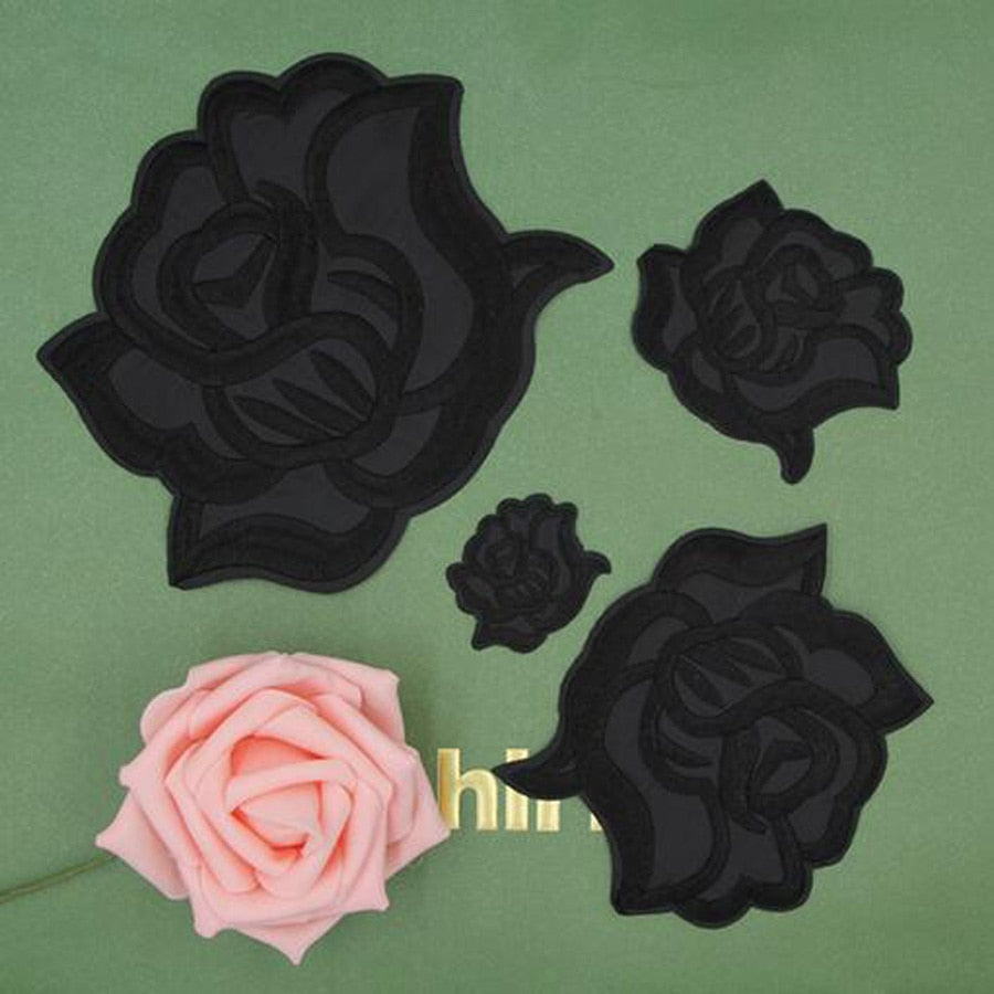 Fabric Embroidered Black Rose Flower Patch