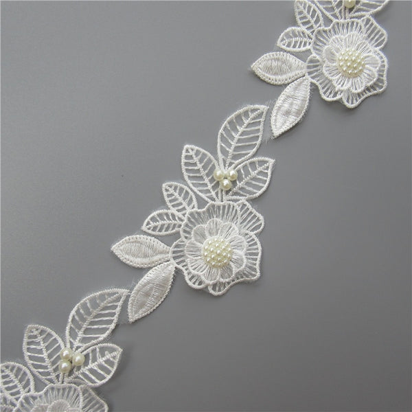 Hot 10x White Pearl Beaded Flower Leaf Embroidered