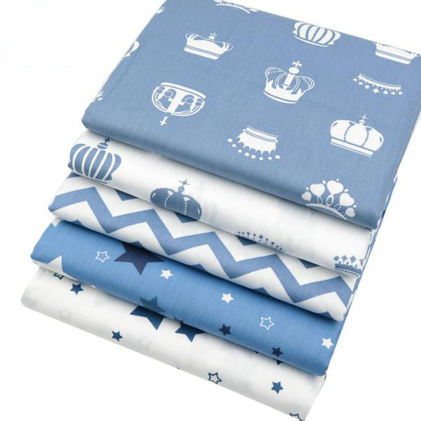 5pcs  Cotton Fabric (16" x 20") Blue Crown Stars