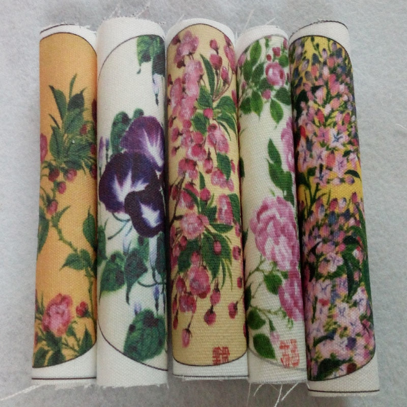 5pcs Cotton Linen Fabric Blooming Flowers Designs