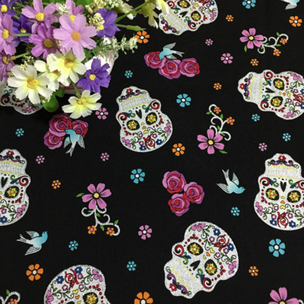 Cotton Fabric (20" x 43") Halloween Flower Skull Design