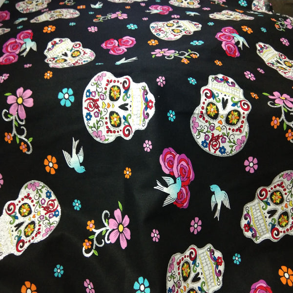 Cotton Fabric (20" x 43") Halloween Flower Skull Design