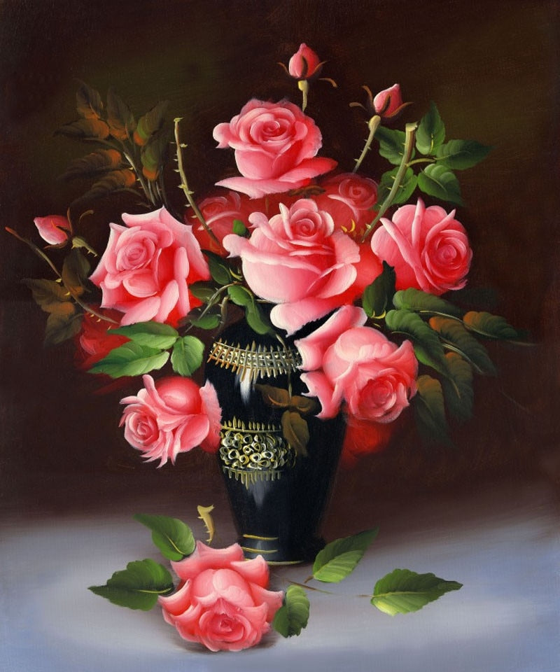 3D Diamond Painting Cross Stitch Red Rose Floral Vase
