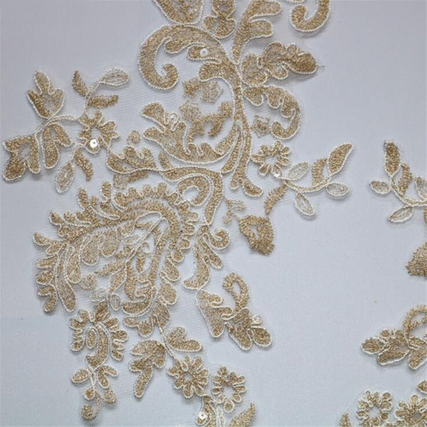 Champagne Gold Clear Sequins Floral Motif Venise Cording Lace