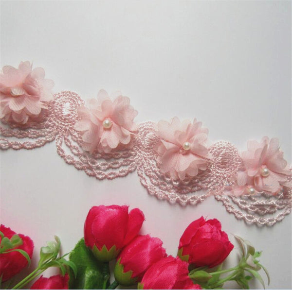 10x Pearl Chiffon Flower Embroidered Lace Edge Ribbon Floral
