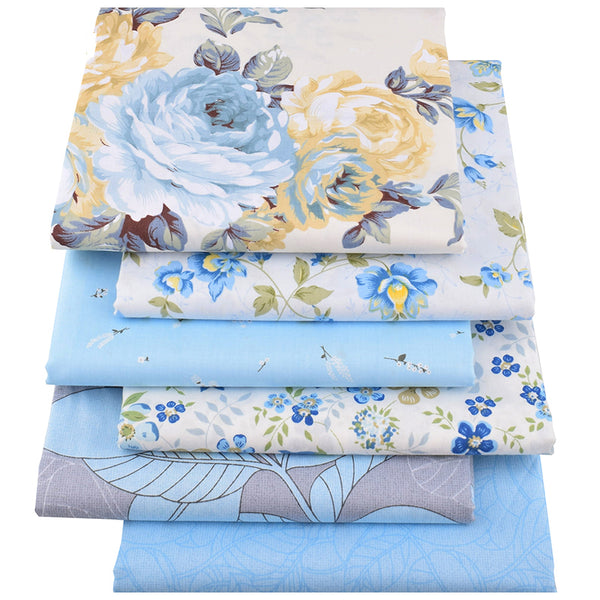 6pcs Twill Cotton Fabric (16" x 20") New Blue Floral Series