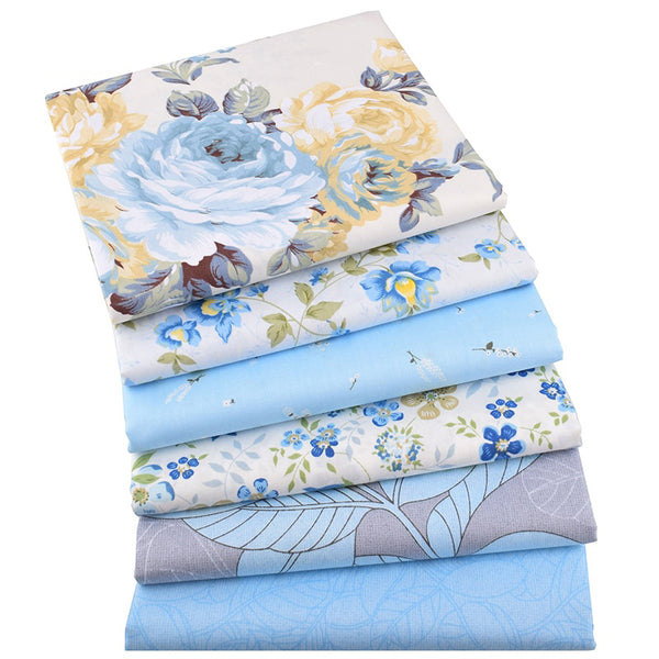 6pcs Twill Cotton Fabric (16" x 20") New Blue Floral Series