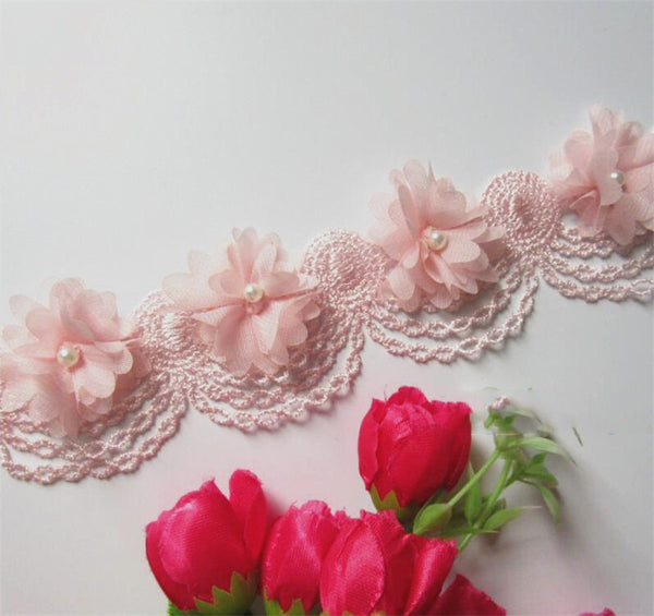 10x Pearl Chiffon Flower Embroidered Lace Edge Ribbon Floral