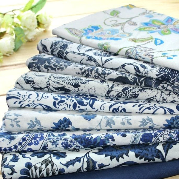 9pcs Cotton Fabric (10" x 14")  Blue White Porcelain Series