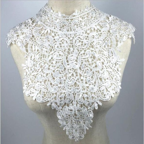 White Collar Venise Sequin Floral Lace Neckline Fabric