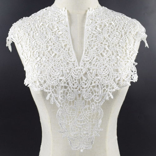 White Collar Venise Sequin Floral Lace Neckline Fabric